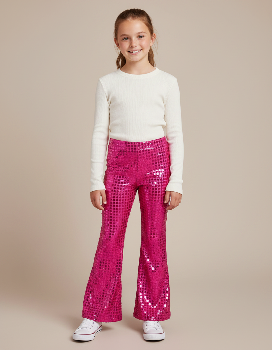Pantalon Patte D'Éléphant Rose Paillettes Évasé Brillant Fille - Polyester