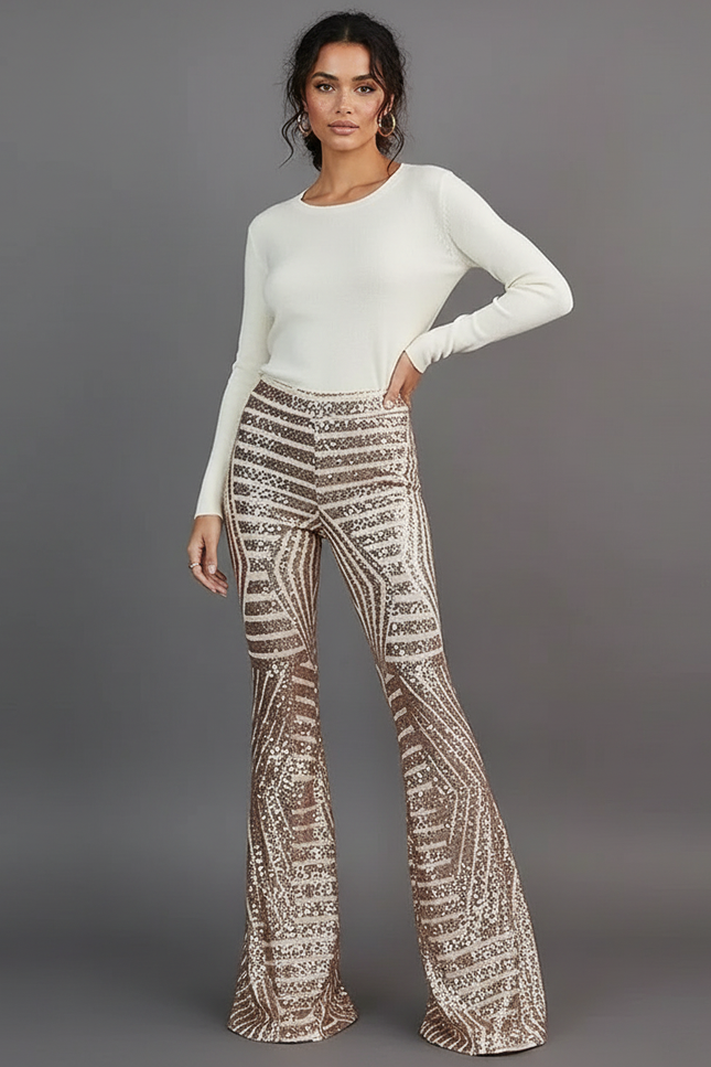Pantalon Patte D'Éléphant Paillettes Dorées Géométrique Taille Haute - Polyester