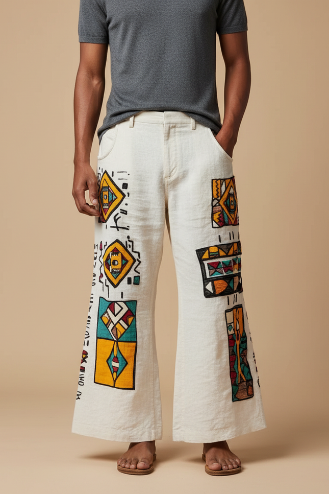 Pantalon Patte D'Éléphant Écru Lin Ample Motifs Ethniques Colorés - Beige