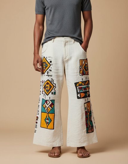 Pantalon Patte D'Éléphant Écru Lin Ample Motifs Ethniques Colorés - Beige