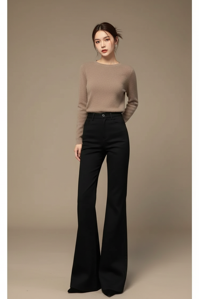 Pantalon Patte D'Éléphant Noir Taille Haute Confortable Décontracté - Gabardine