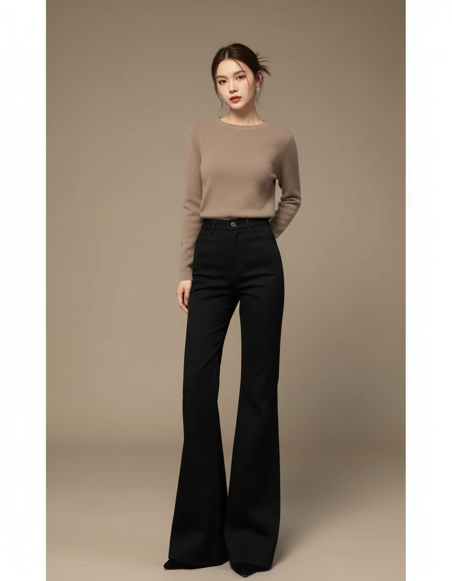 Pantalon Patte D'Éléphant Noir Taille Haute Confortable Décontracté - Gabardine