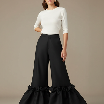 Pantalon Patte D'Éléphant Noir Volants Chic Évasé Élégant - Polyester