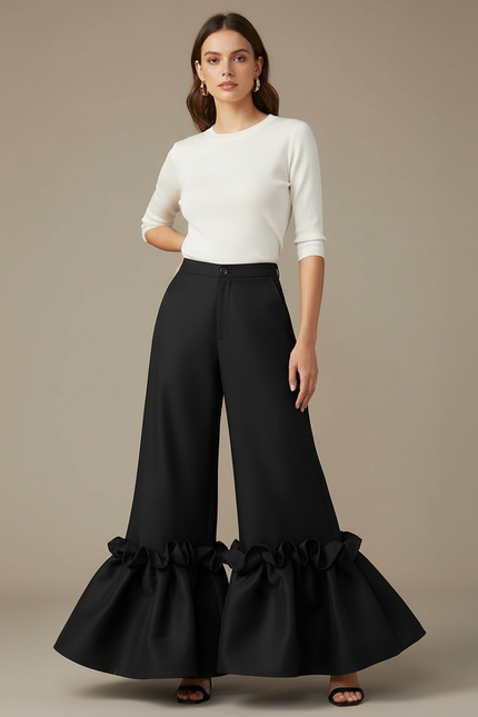 Pantalon Patte D'Éléphant Noir Volants Chic Évasé Élégant - Polyester