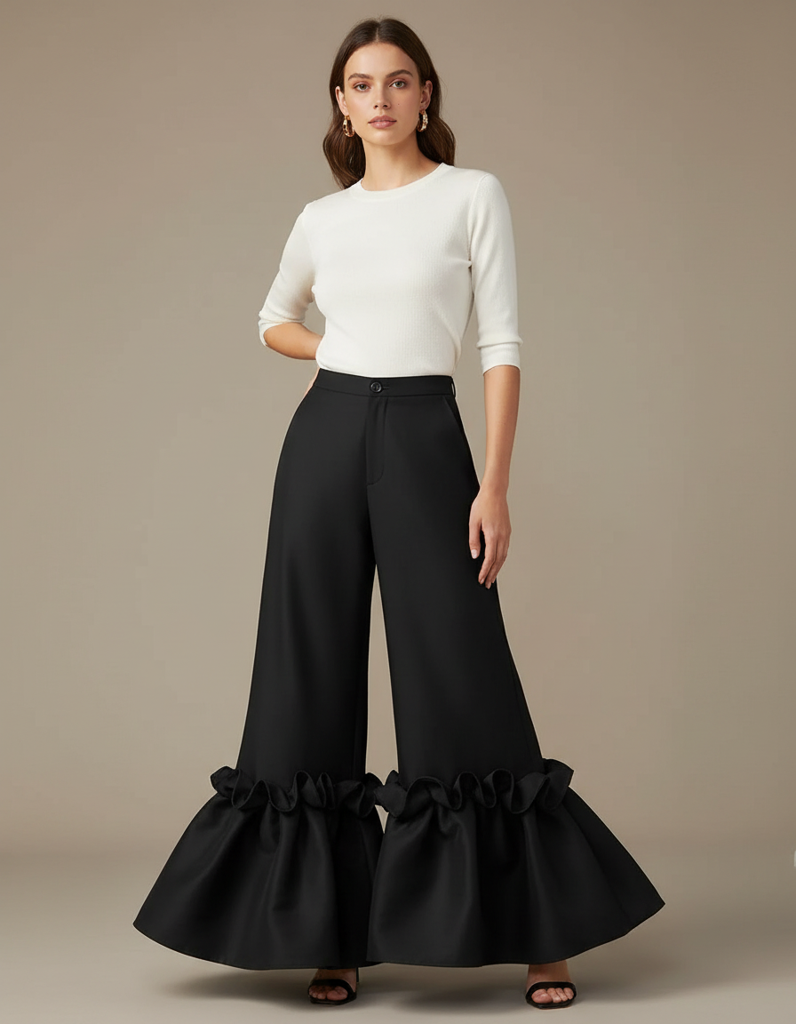 Pantalon Patte D'Éléphant Noir Volants Chic Évasé Élégant - Polyester