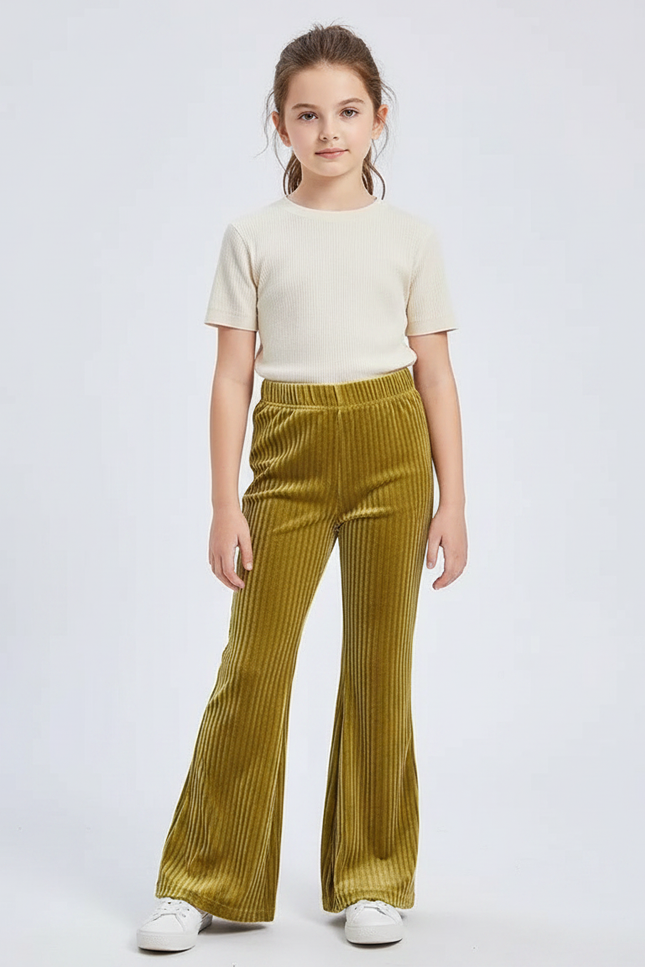 Pantalon Patte D'Éléphant Vert Côtelé Confortable Ample Fille - Cordé