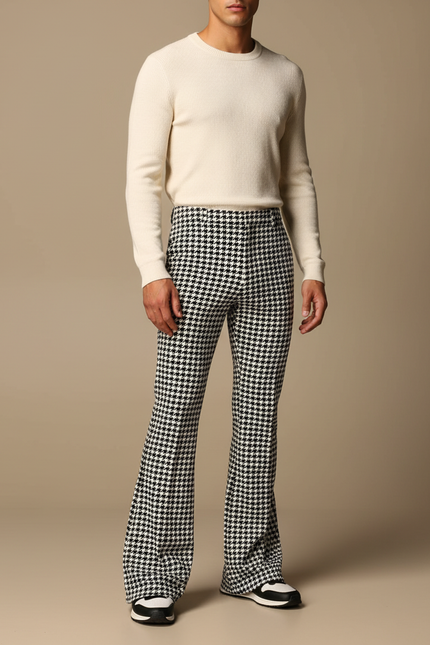 Pantalon Patte D'Éléphant Pied-de-Poule Évasé Imprimé Élégant - Tweed