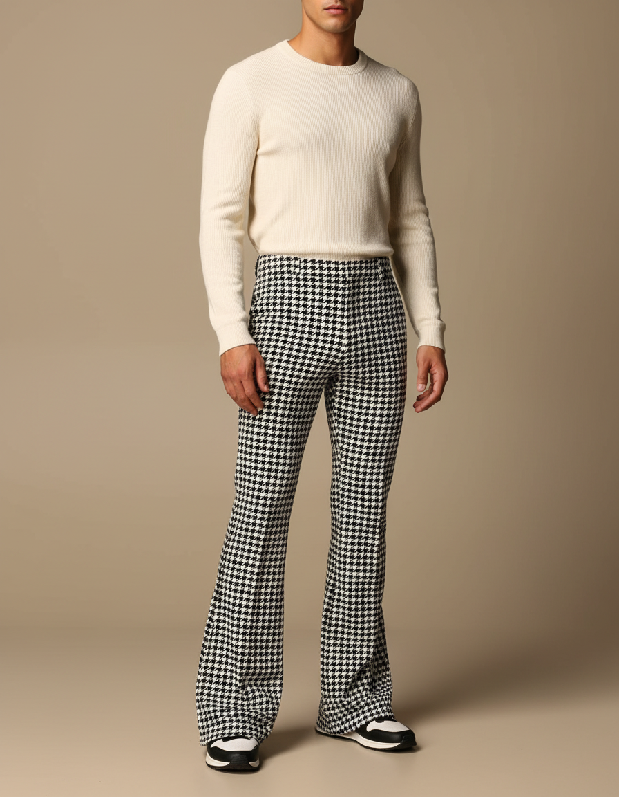 Pantalon Patte D'Éléphant Pied-de-Poule Évasé Imprimé Élégant - Tweed