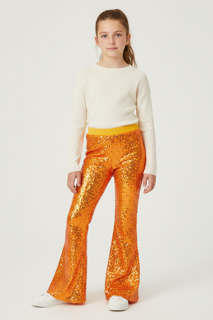 Pantalon Patte D'Éléphant Orange Paillettes Évasé Confortable Fille - Polyester
