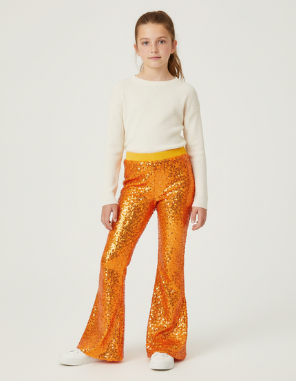 Pantalon Patte D'Éléphant Orange Paillettes Évasé Confortable Fille - Polyester