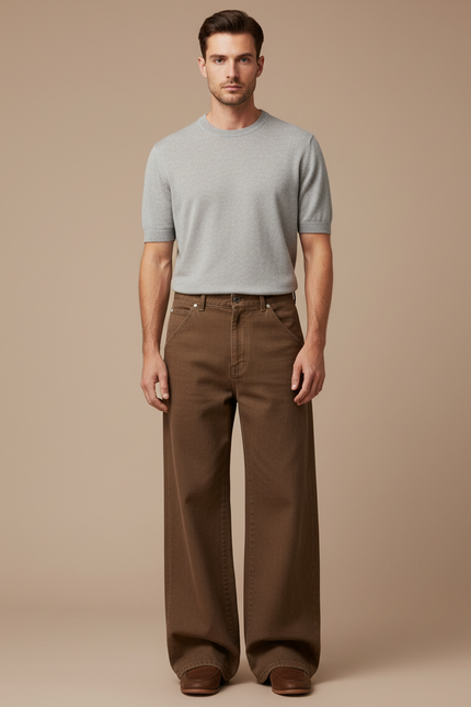 Pantalon Patte D'Éléphant Marron Ample Décontracté Homme - Jean