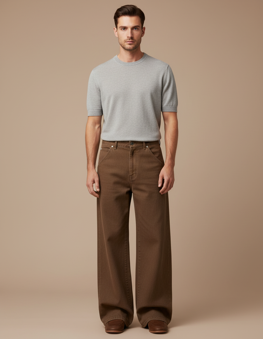 Pantalon Patte D'Éléphant Marron Ample Décontracté Homme - Jean