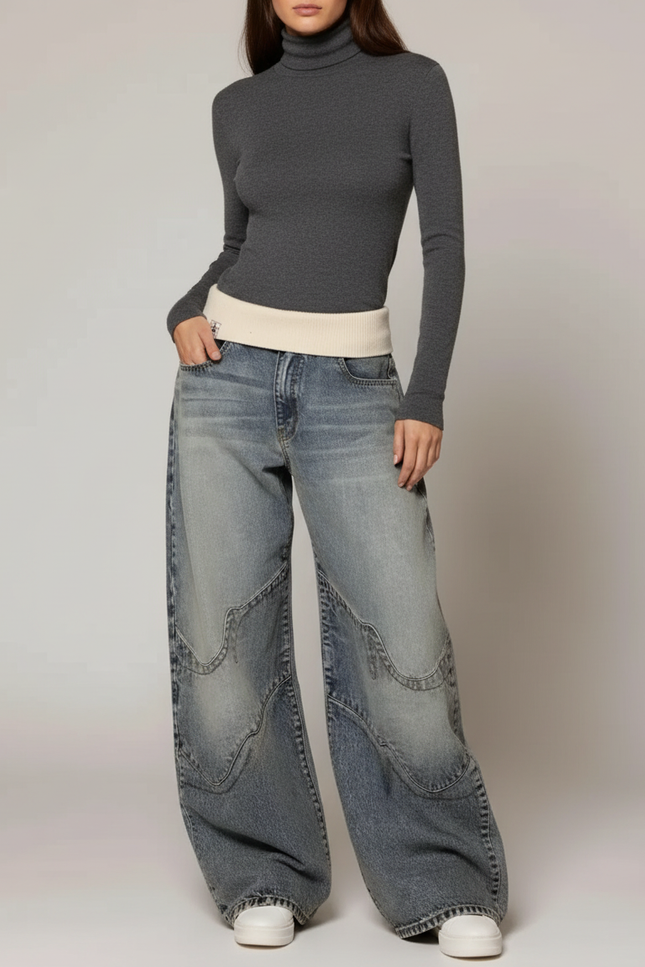 Pantalon Patte D'Éléphant Jean Bleu Délavé Évasé Brodé