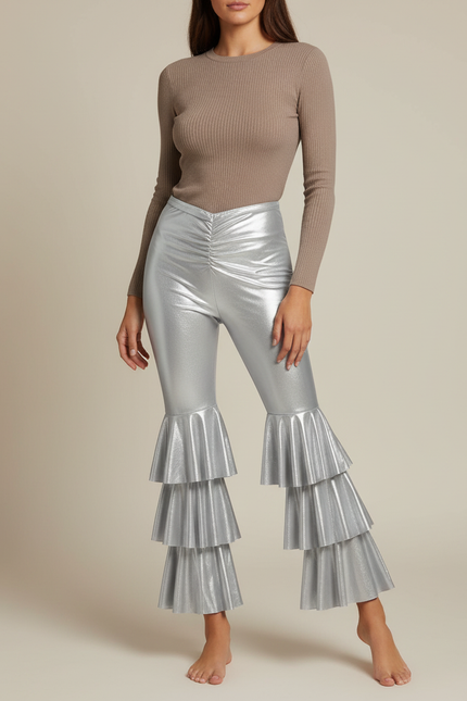 Pantalon Patte D'Éléphant Argenté Métallique Volants Évasé Disco - Polyester
