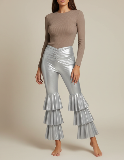 Pantalon Patte D'Éléphant Argenté Métallique Volants Évasé Disco - Polyester