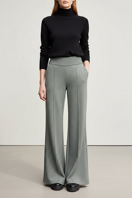 Pantalon Patte D'Éléphant Gris Taille Haute Droit Élégant - Maille