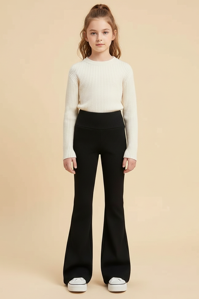 Pantalon Patte D'Éléphant Noir Côtelé Évasé Taille Haute - Maille