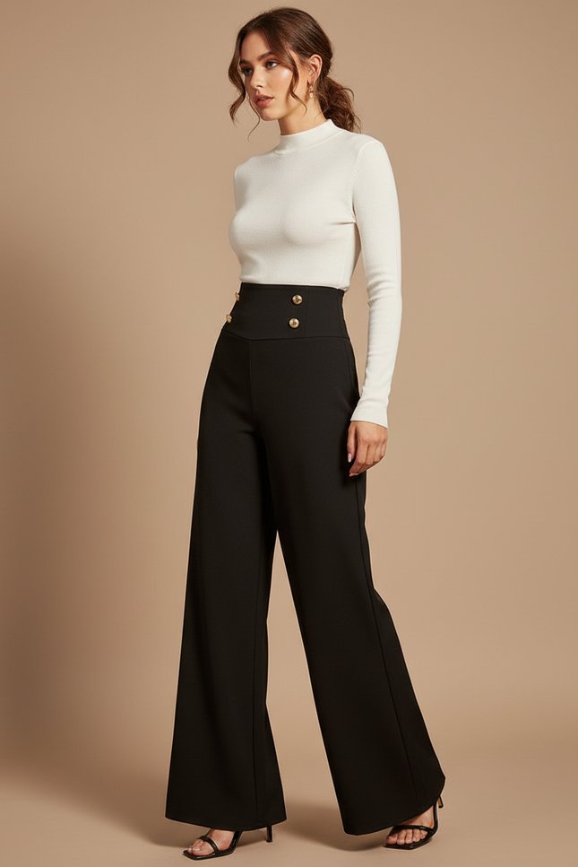 Pantalon Patte D'Éléphant Noir Taille Haute Boutons Dorés - Polyester