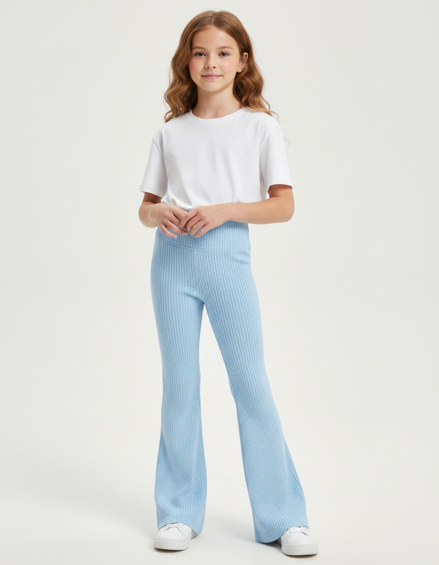 Pantalon Patte D'Éléphant Côtelé Bleu Clair Tricot Fille - Maille