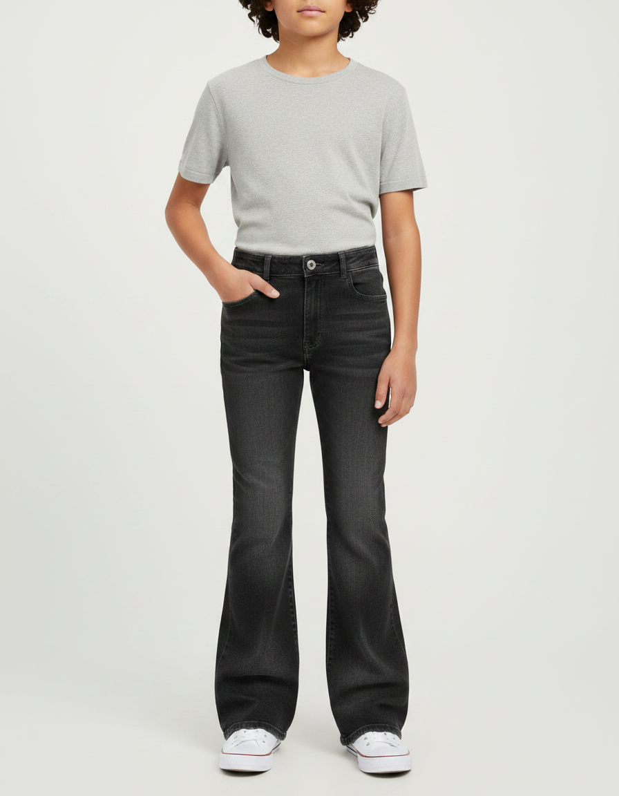 Pantalon Patte D'Éléphant Évasé Noir Denim Enfant - Jean