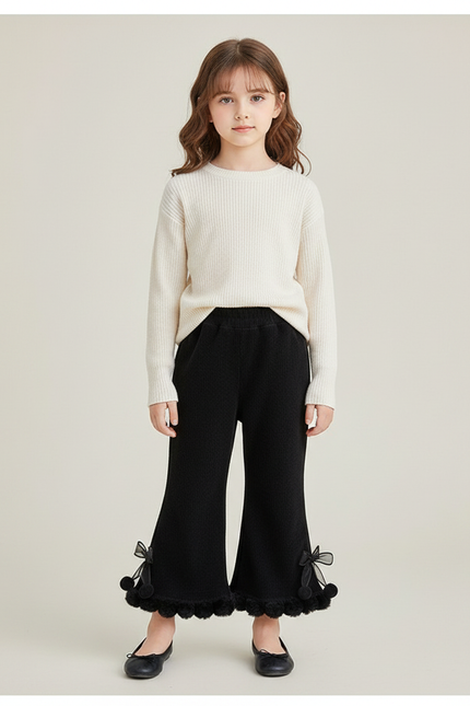 Pantalon Patte D'Éléphant Noir Évasé Pompons Fille - Maille