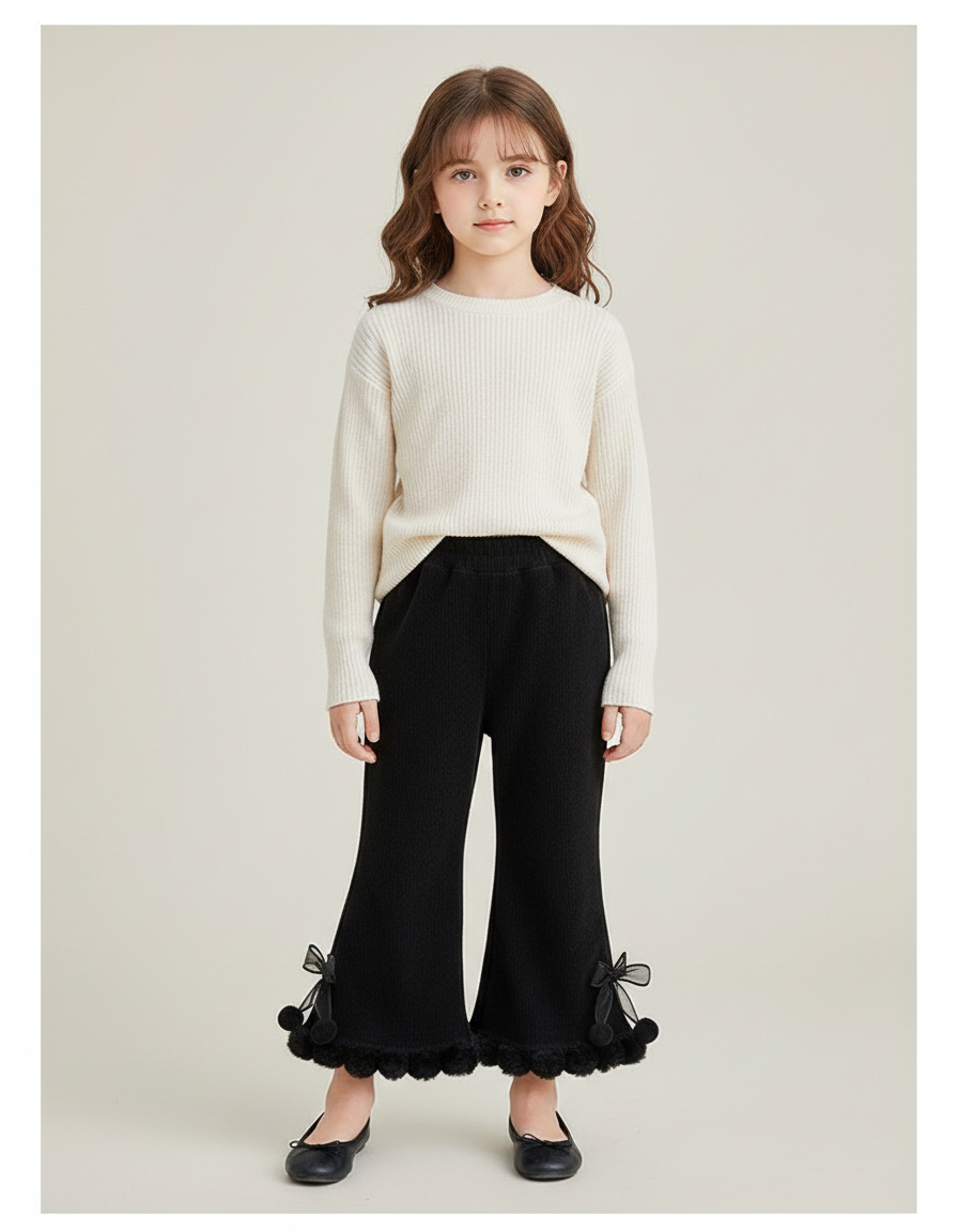 Pantalon Patte D'Éléphant Noir Évasé Pompons Fille - Maille