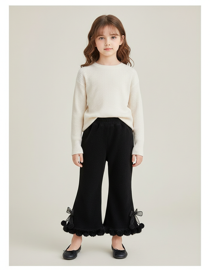 Pantalon Patte D'Éléphant Noir Évasé Pompons Fille - Maille
