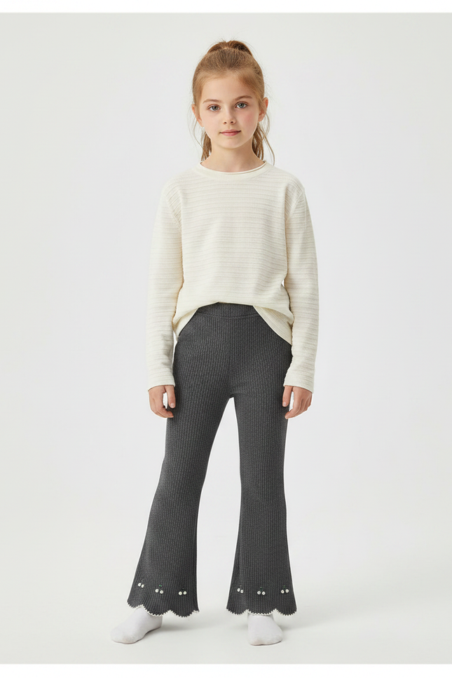Pantalon Patte D'Éléphant Côtelé Gris Évasé Brodé Enfant - Maille