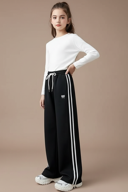 Pantalon Patte D'Éléphant Noir Rayures Blanches Brodé Décontracté - Molleton