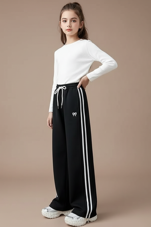 Pantalon Patte D'Éléphant Noir Rayures Blanches Brodé Décontracté - Molleton