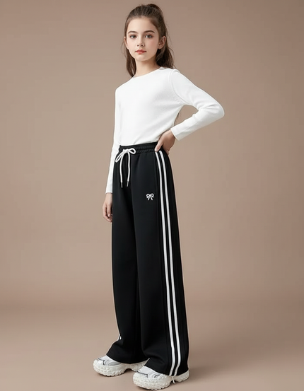 Pantalon Patte D'Éléphant Noir Rayures Blanches Brodé Décontracté - Molleton