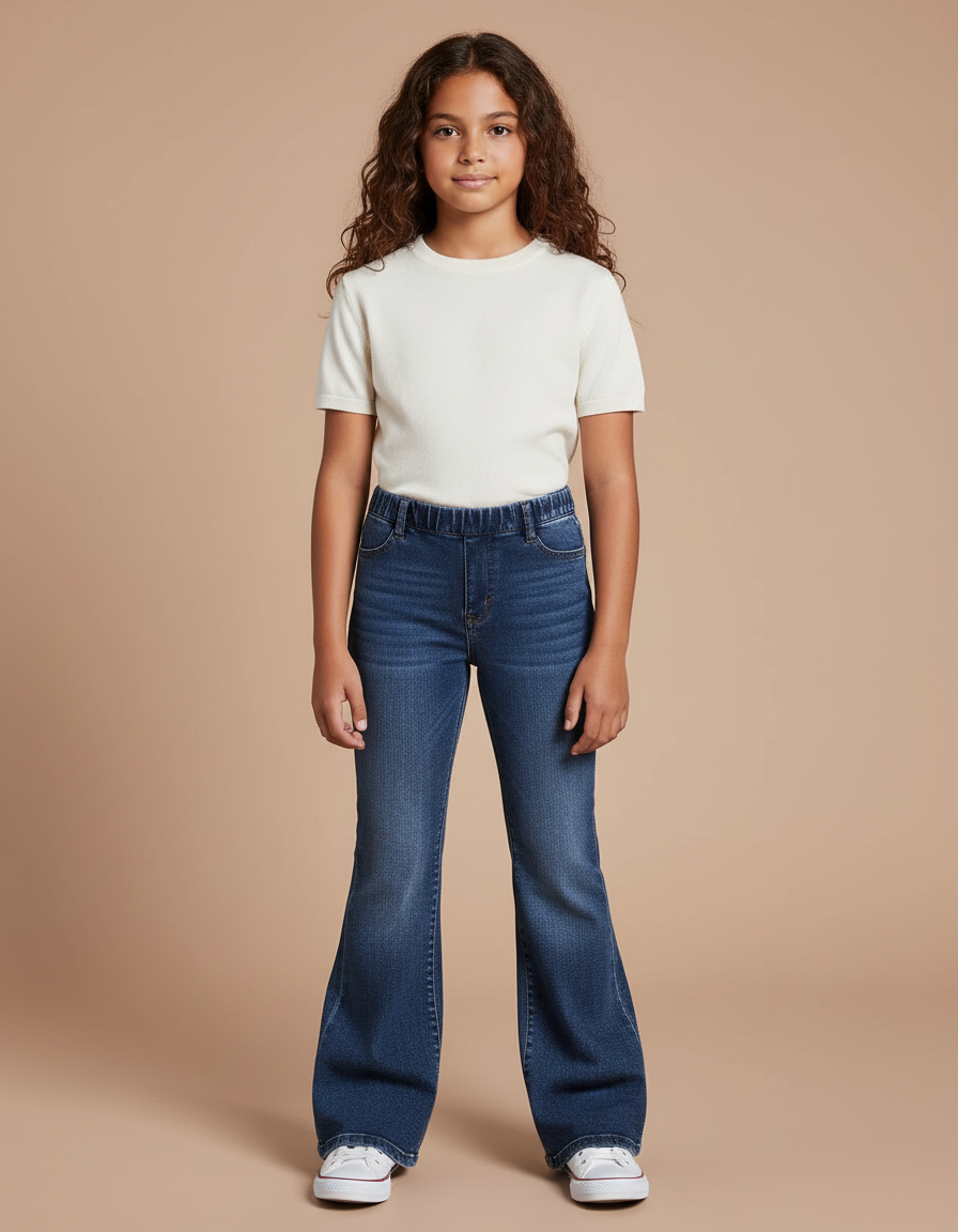 Pantalon Patte D'Éléphant Denim Bleu Élastique Confortable Fille - Jean