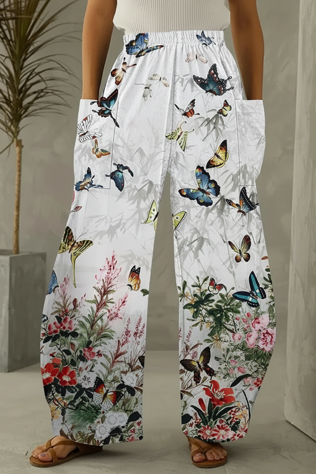 Pantalon Patte D'Éléphant Fluide Imprimé Papillon Floral Blanc - Viscose
