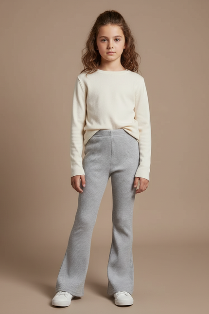 Pantalon Patte D'Éléphant Côtelé Gris Confortable Évasé Fille - Maille
