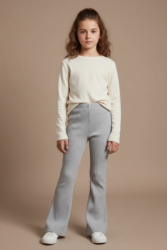 Pantalon Patte D'Éléphant Côtelé Gris Confortable Évasé Fille - Maille