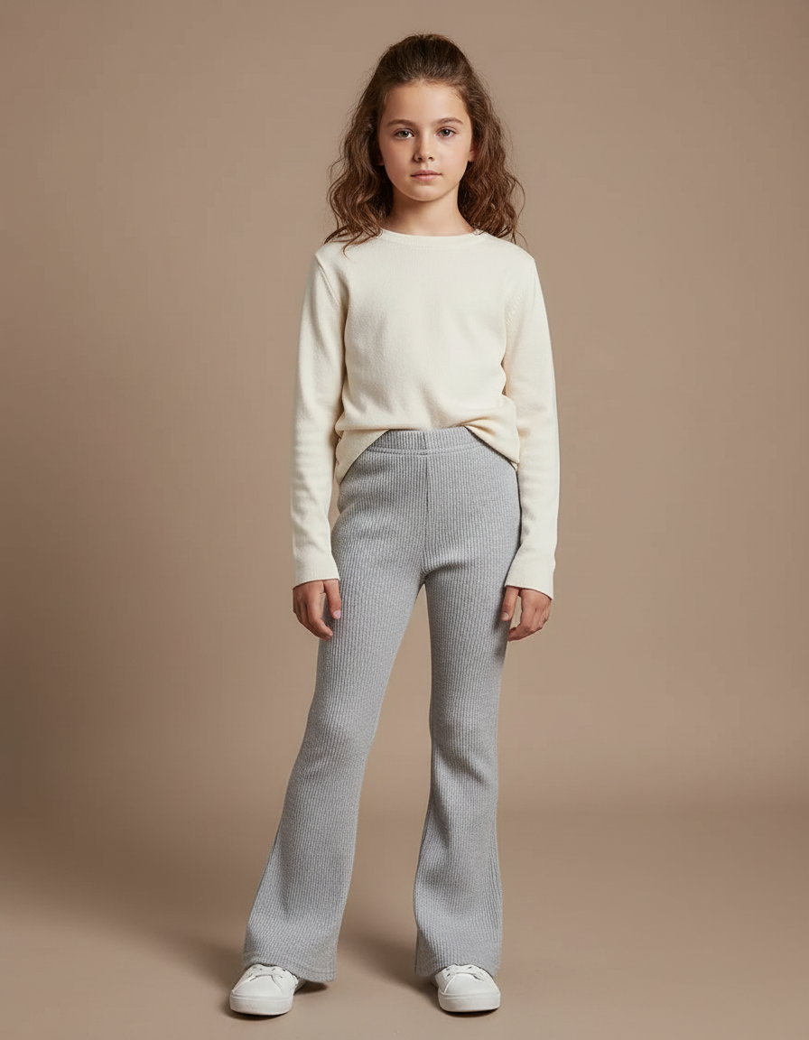 Pantalon Patte D'Éléphant Côtelé Gris Confortable Évasé Fille - Maille