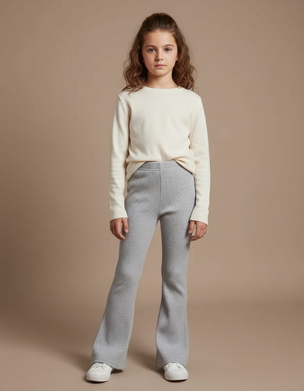 Pantalon Patte D'Éléphant Côtelé Gris Confortable Évasé Fille - Maille