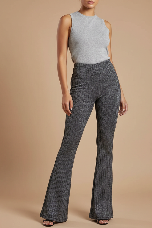 Pantalon Patte D'Éléphant Gris Côtelé Brillant Taille Haute Ajusté - Maille