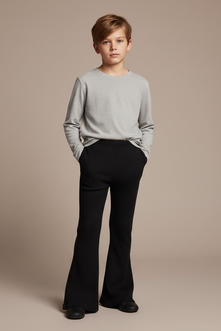 Pantalon Patte D'Éléphant Noir Côtelé Évasé Enfant - Maille