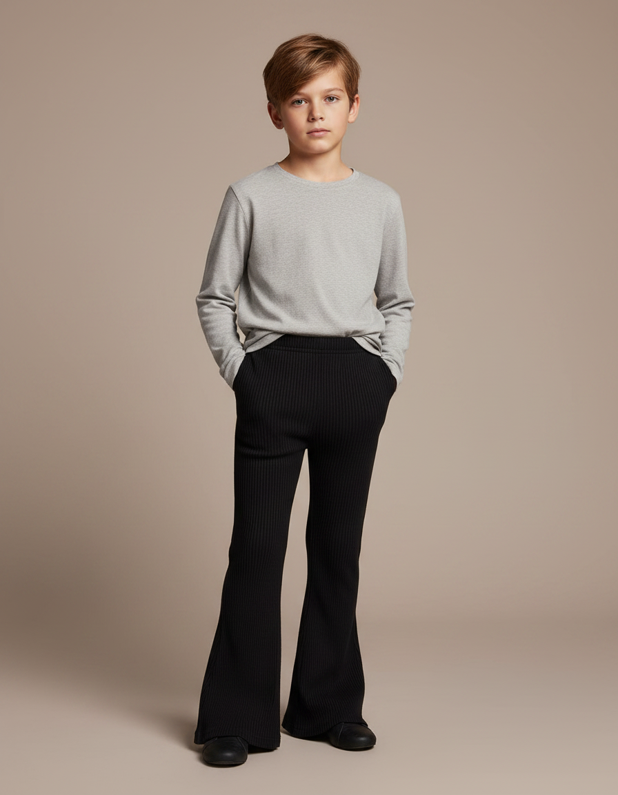 Pantalon Patte D'Éléphant Noir Côtelé Évasé Enfant - Maille