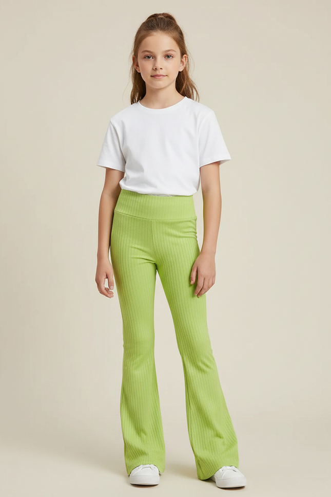 Pantalon Patte D'Éléphant Vert Côtelé Taille Haute Fille - Maille