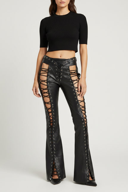 Pantalon Patte D'Éléphant Noir Cuir Lacets Évasé Sexy