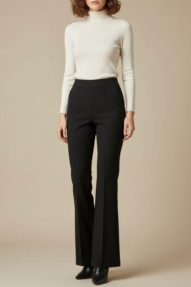 Pantalon Patte D'Éléphant Noir Évasé Taille Haute Élégant - Polyester