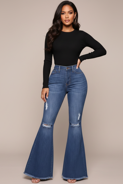 Pantalon Patte D'Éléphant Denim Bleu Délavé Évasé Déchiré Femme - Jean