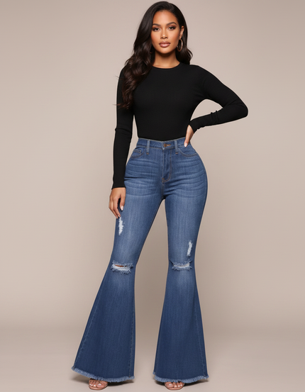 Pantalon Patte D'Éléphant Denim Bleu Délavé Évasé Déchiré Femme - Jean