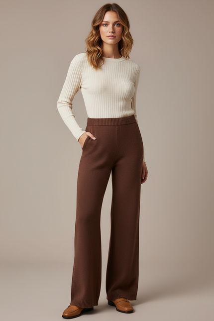 Pantalon Patte D'Éléphant Marron Tricoté Ample Taille Haute - Maille