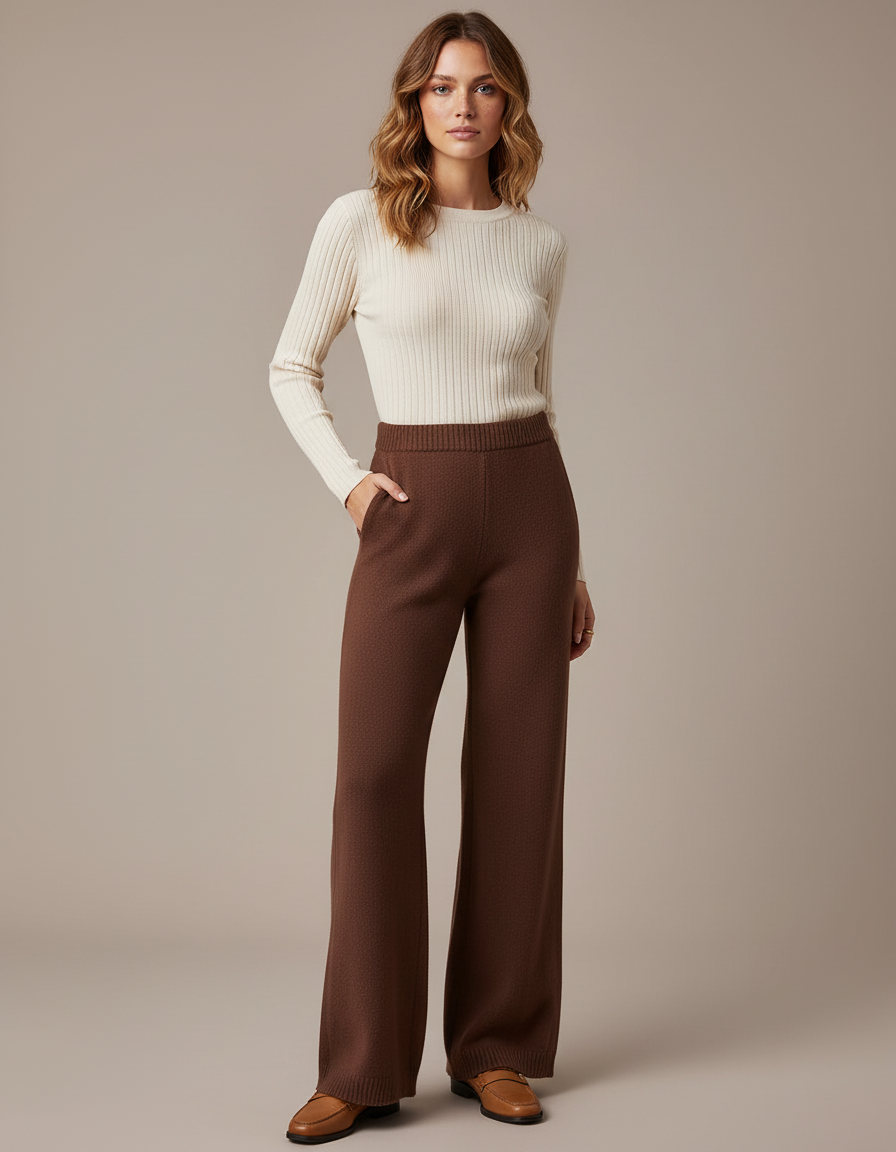 Pantalon Patte D'Éléphant Marron Tricoté Ample Taille Haute - Maille