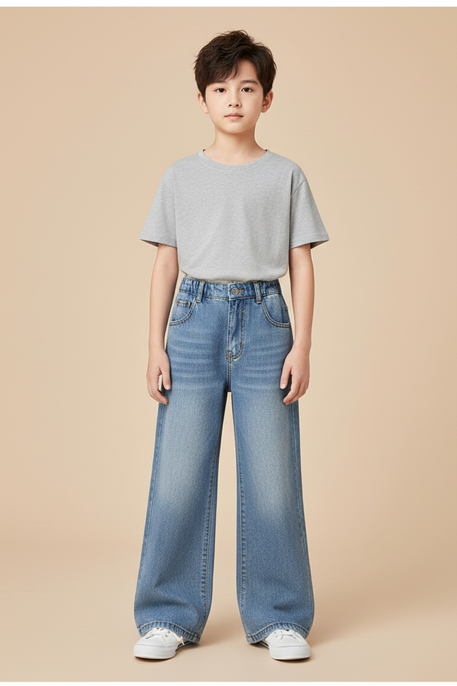 Pantalon Patte D'Éléphant Denim Bleu Ample Garçon Tendance - Jean