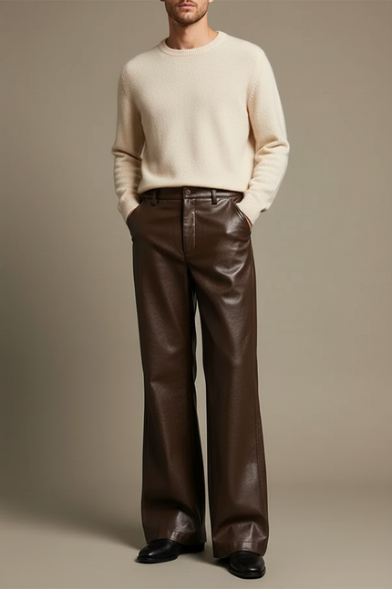 Pantalon Patte D'Éléphant Marron Cuir Large Élégant Homme