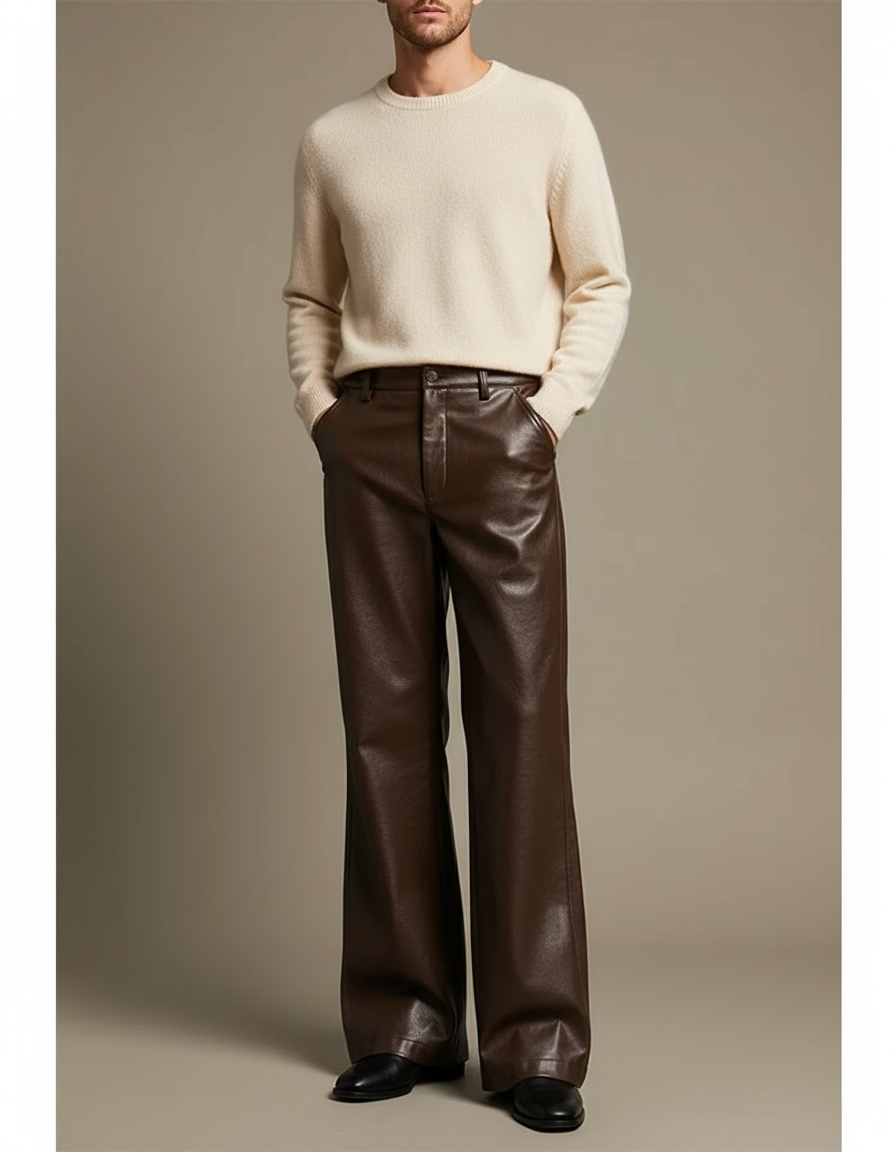 Pantalon Patte D'Éléphant Marron Cuir Large Élégant Homme